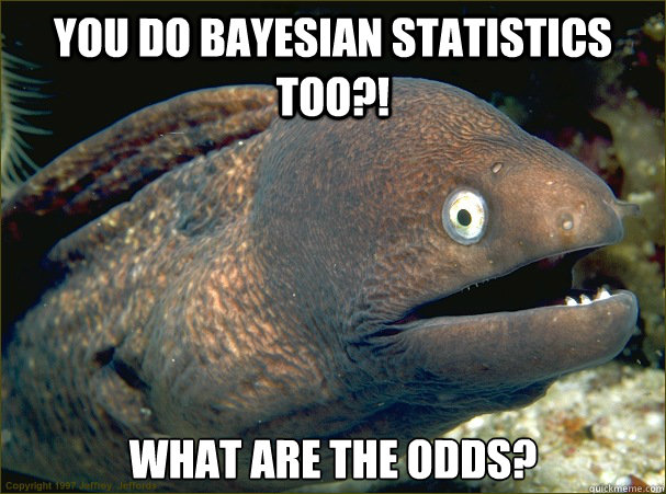 A single-image bad joke eel meme. The image shows an eel's face with an open mouth. The top text says, ''You do bayesian statistics too?'' The bottom text finishes with ''What are the odds?''
