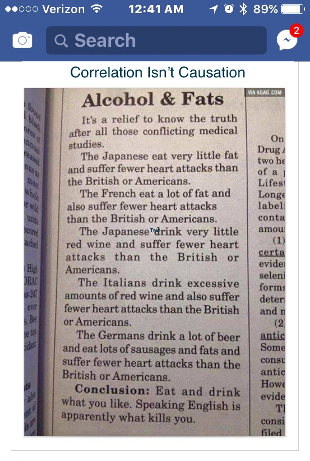 A picture of an joke article titled ''Alcohol & Fats'', with the title ''Correlation isn't Causation. In it, it says: ''It's a relief to know the truth after all those conflicting medical studies. The Japanese eat very little fat and suffer fewer heart attacks than the British or Americans. The French eat a lot of fat and also suffer fewer heart attacks than the British or Americans. The Japanese drink very little red win and suffer fewer heart attacks than the British or Americans. The Italians drink excessive amounts of red wine and also suffer fewer heart attacks than the British or Americans. The Germans drink a lot of beer and eat lots of sausages and fasts and suffer fewer heart attacks than the British or Americans. Conclusion: Eat and drink what you like. Speaking English is apparently what kills you.''