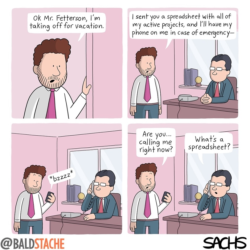 A four-panel comic. The first image shows a man standing in a doorway saying, ''Ok Mr. Fetterson, I'm taking off for vacation.'' The man steps into Mr. Fetterson's office in the second image, and he says, 